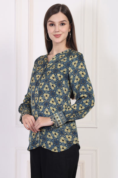 Blue Abstract Printed Straight Modal Top