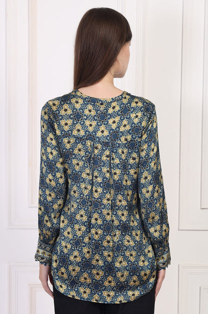 Blue Abstract Printed Straight Modal Top