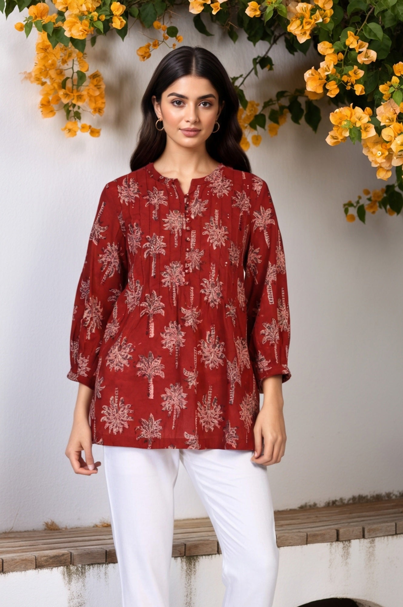 Red Kalamkari Printed Mirror Work Straight Cotton Top