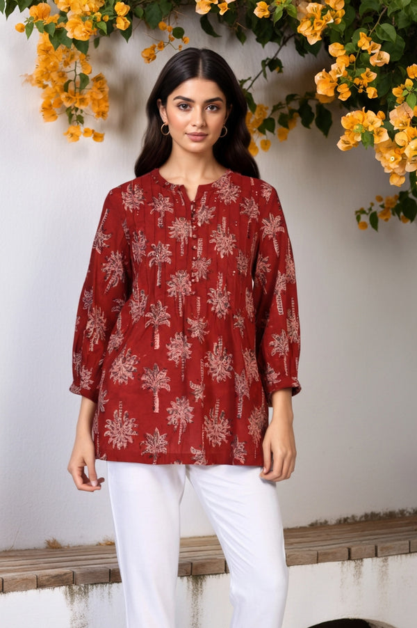 Red Kalamkari Printed Mirror Work Straight Cotton Top