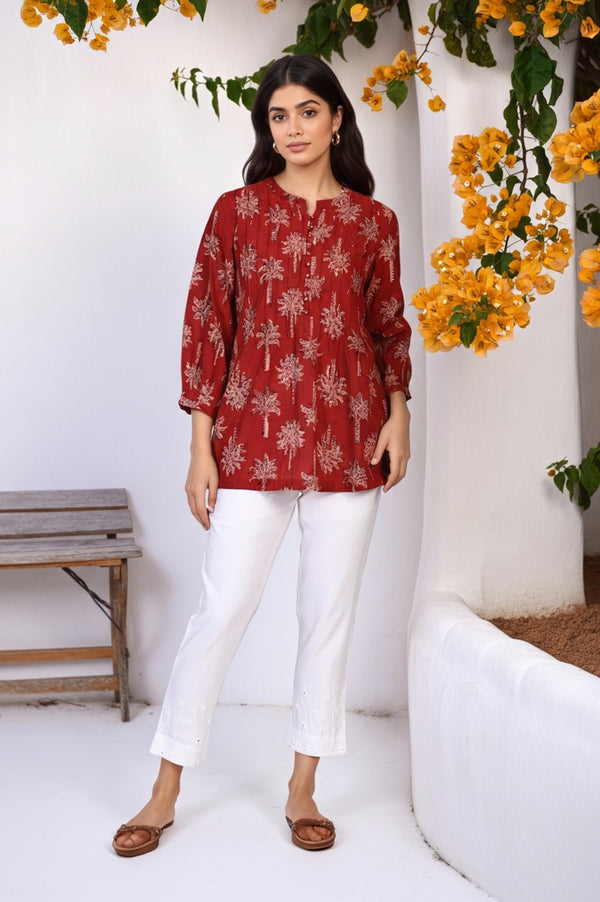 Red Kalamkari Printed Mirror Work Straight Cotton Top
