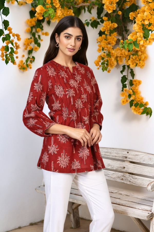 Red Kalamkari Printed Mirror Work Straight Cotton Top