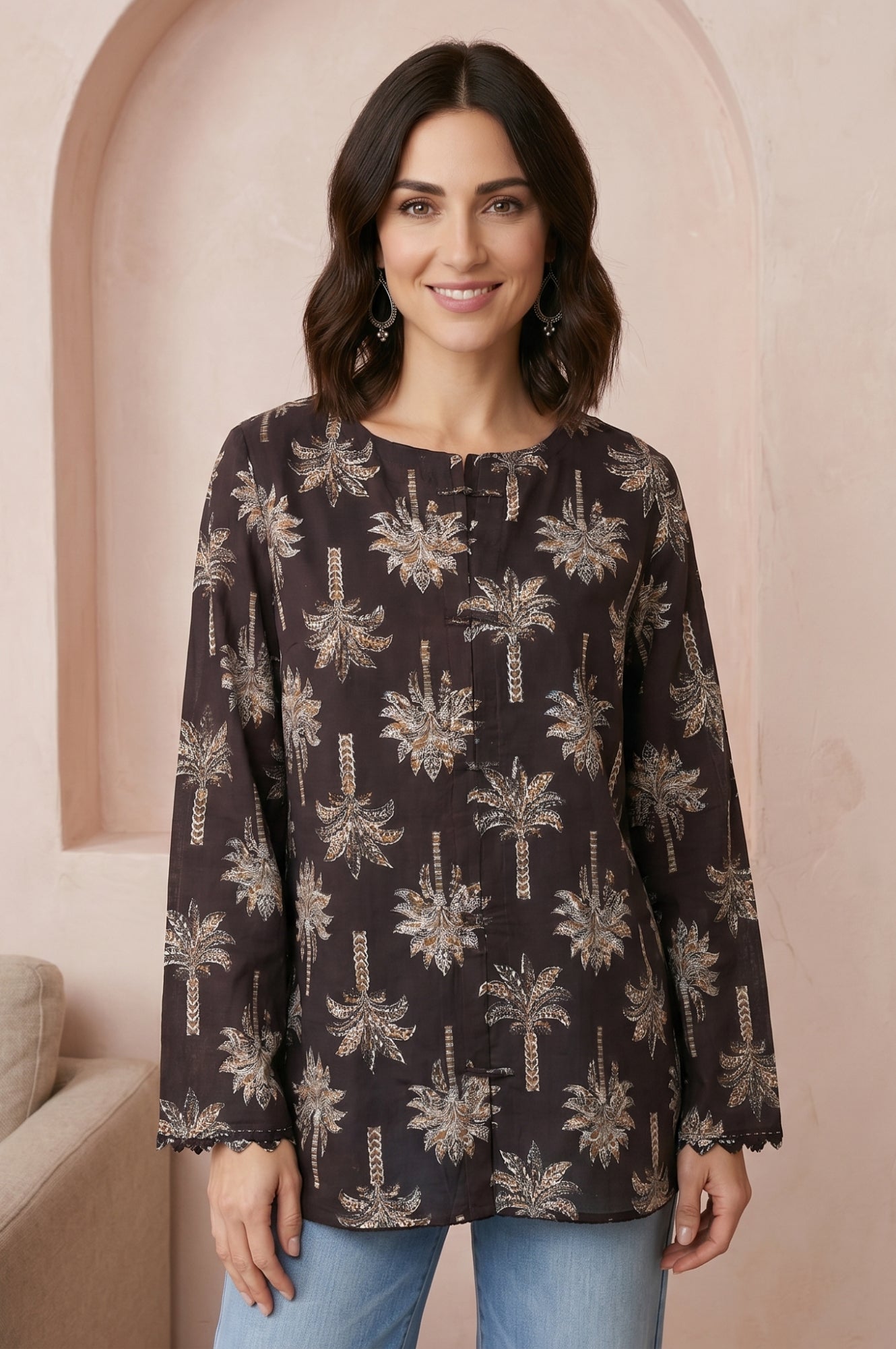Black Floral Printed Embroidered Pure Cotton Straight Top