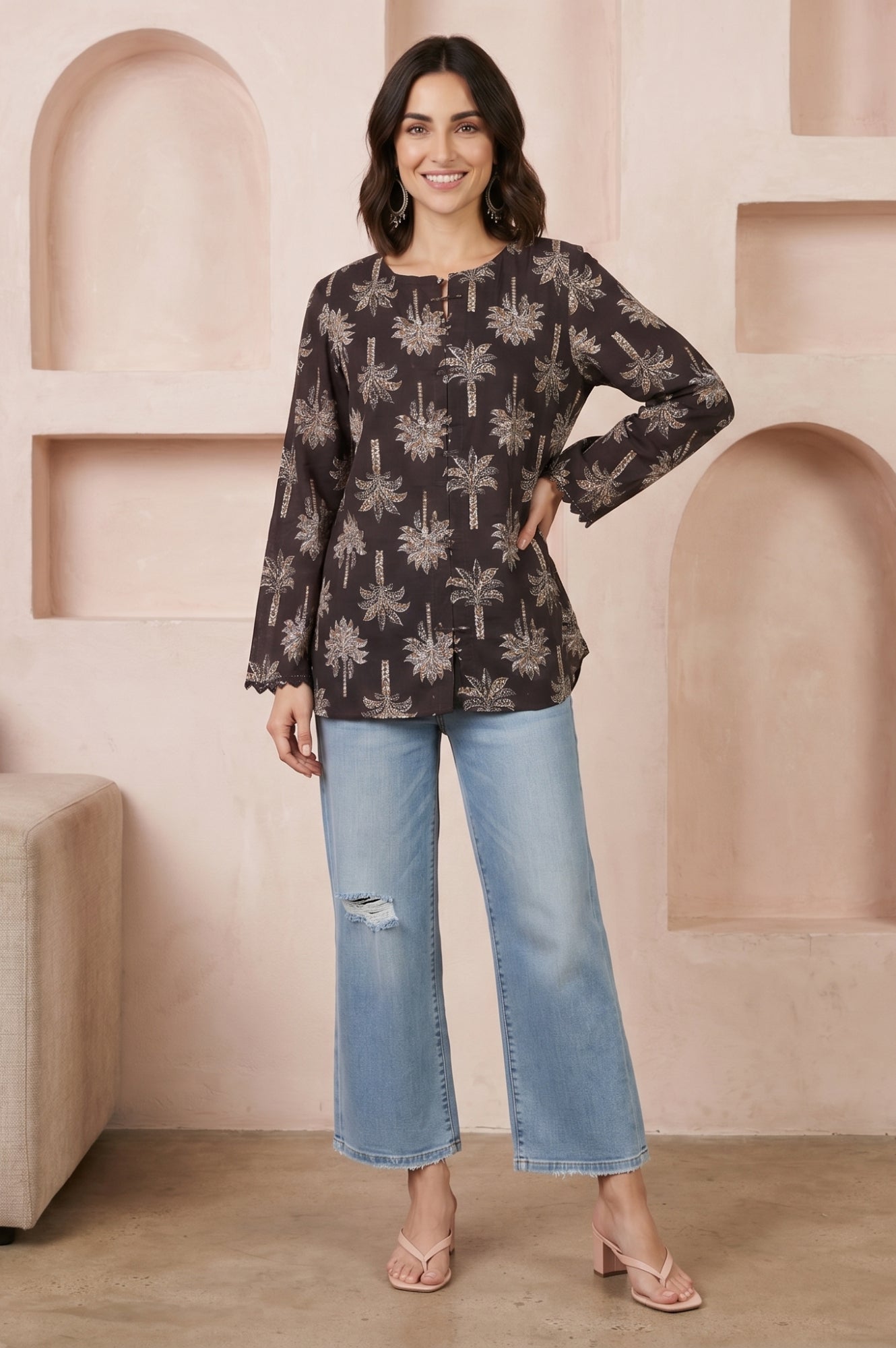 Black Floral Printed Embroidered Pure Cotton Straight Top
