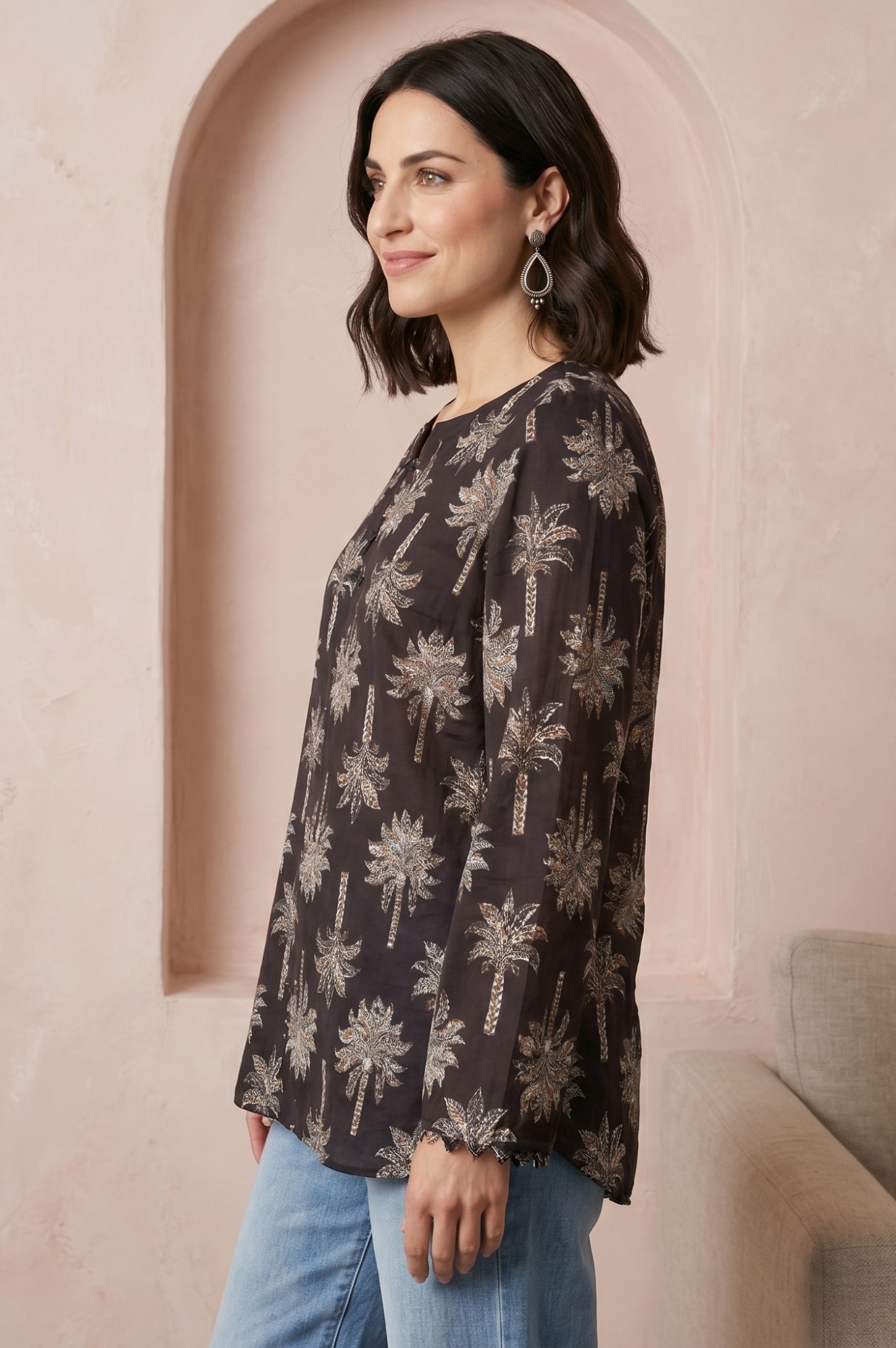 Black Floral Printed Embroidered Pure Cotton Straight Top