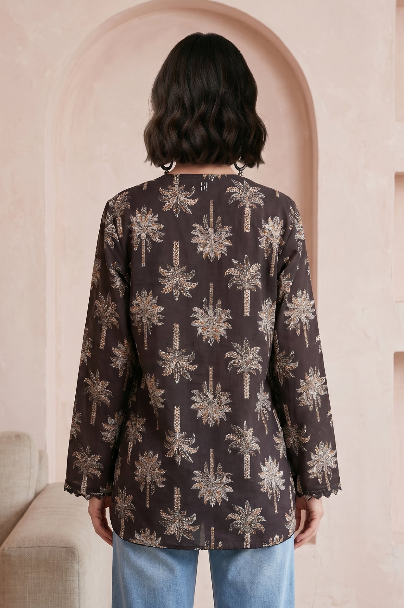 Black Floral Printed Embroidered Pure Cotton Straight Top