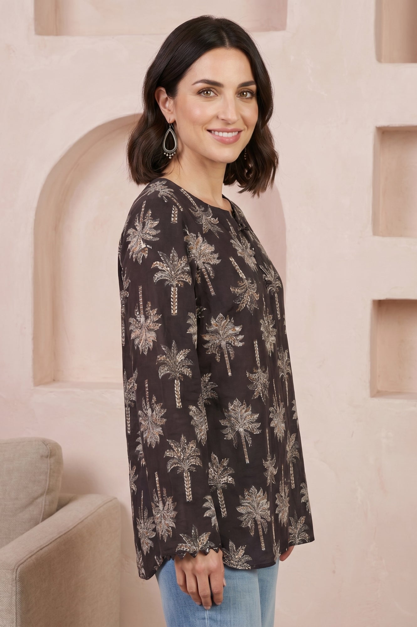 Black Floral Printed Embroidered Pure Cotton Straight Top