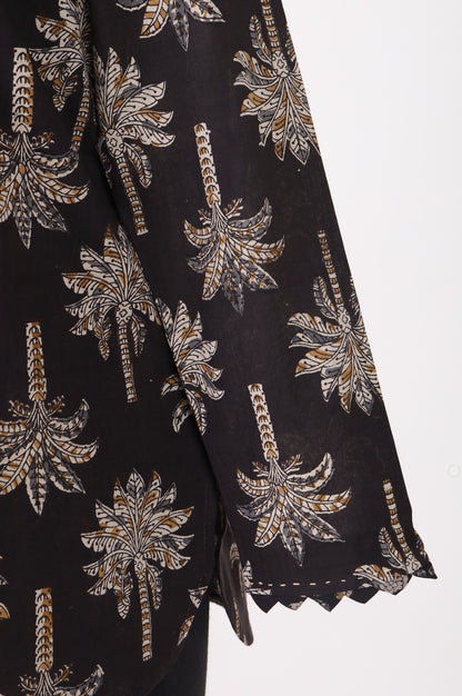 Black Floral Printed Embroidered Pure Cotton Straight Top