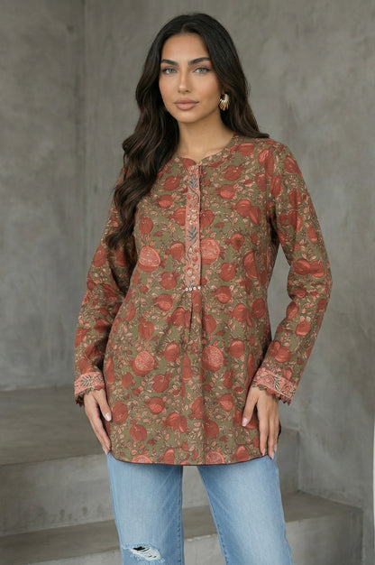 Olive Floral Printed Pure Cotton Straight Top