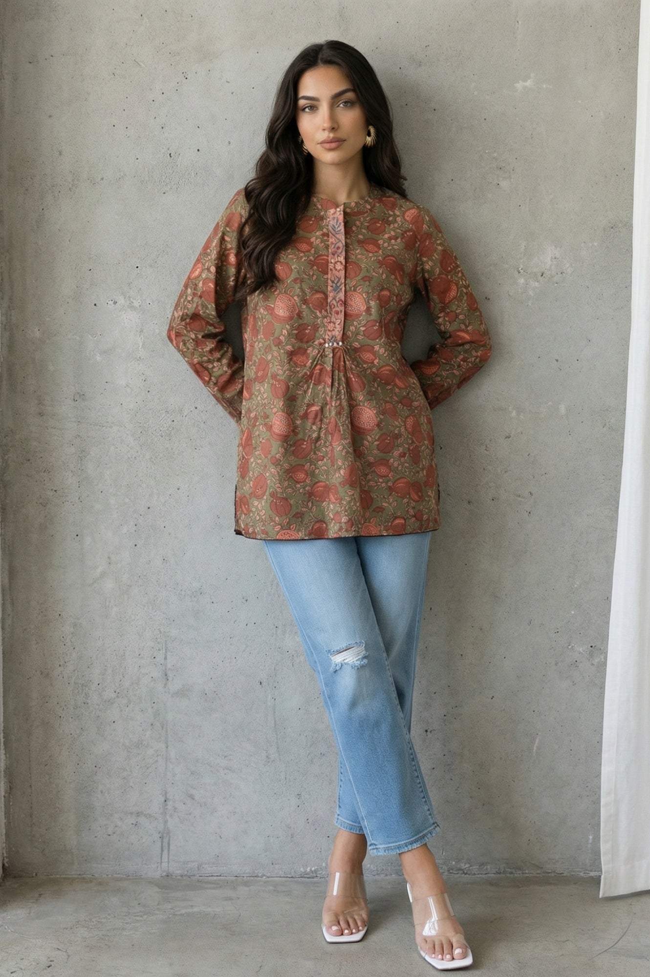 Olive Floral Printed Pure Cotton Straight Top