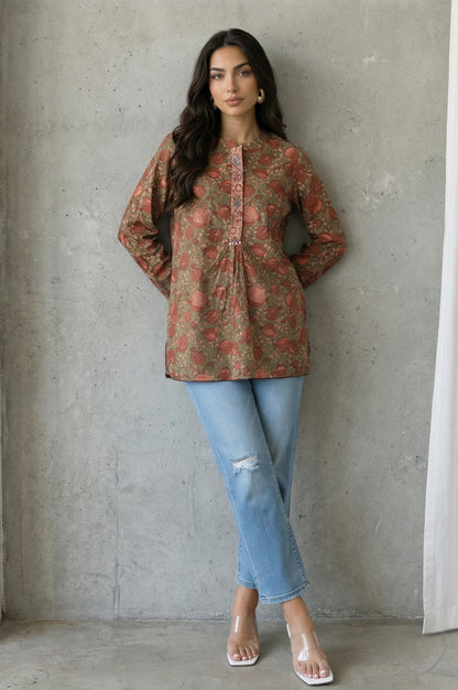 Olive Floral Printed Pure Cotton Straight Top