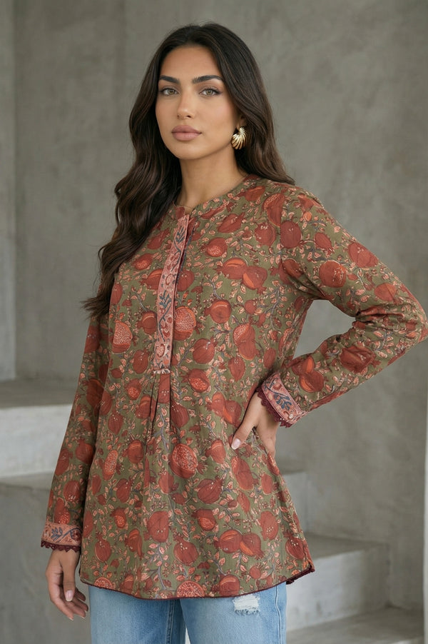 Olive Floral Printed Pure Cotton Straight Top