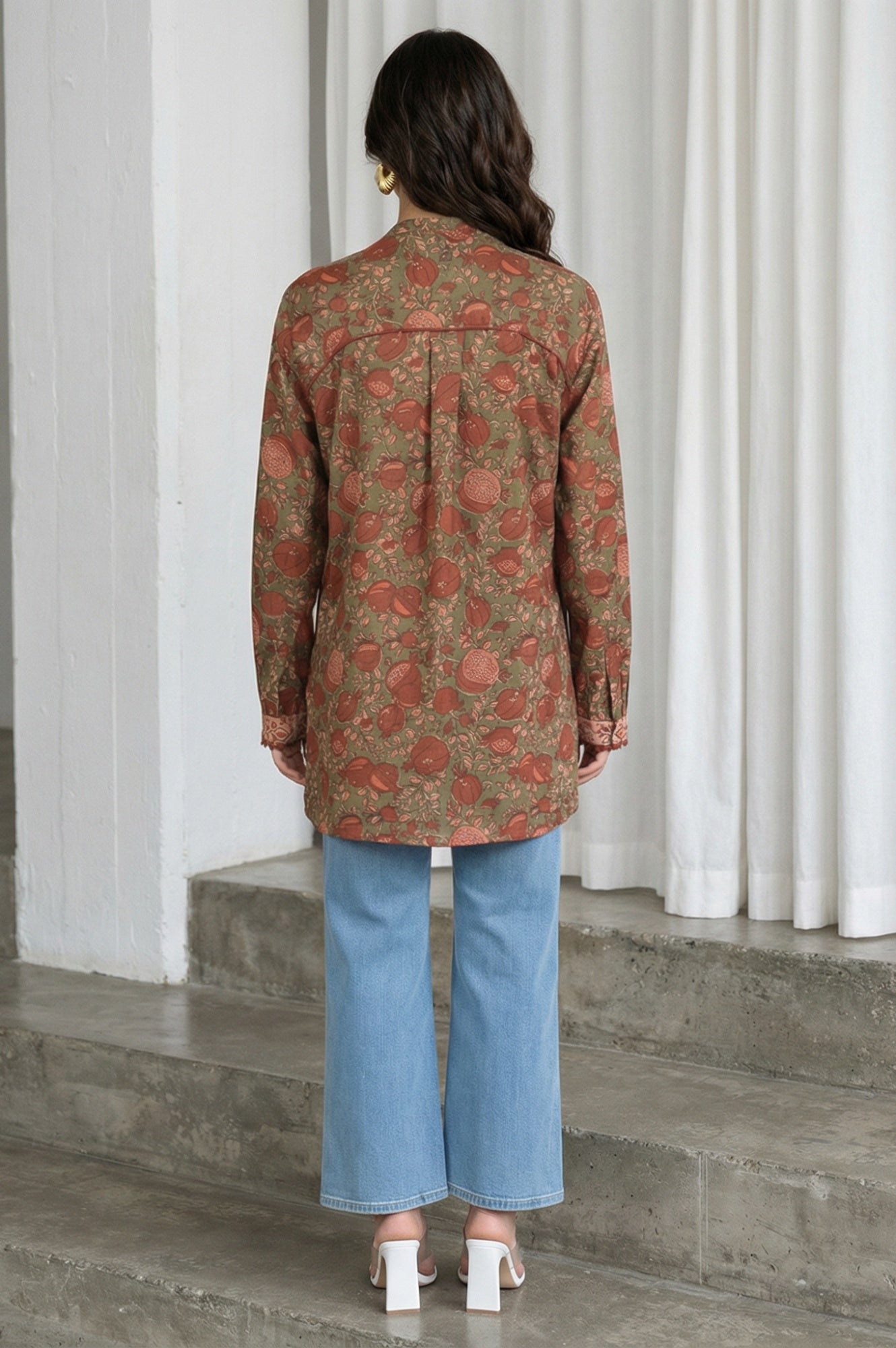 Olive Floral Printed Pure Cotton Straight Top