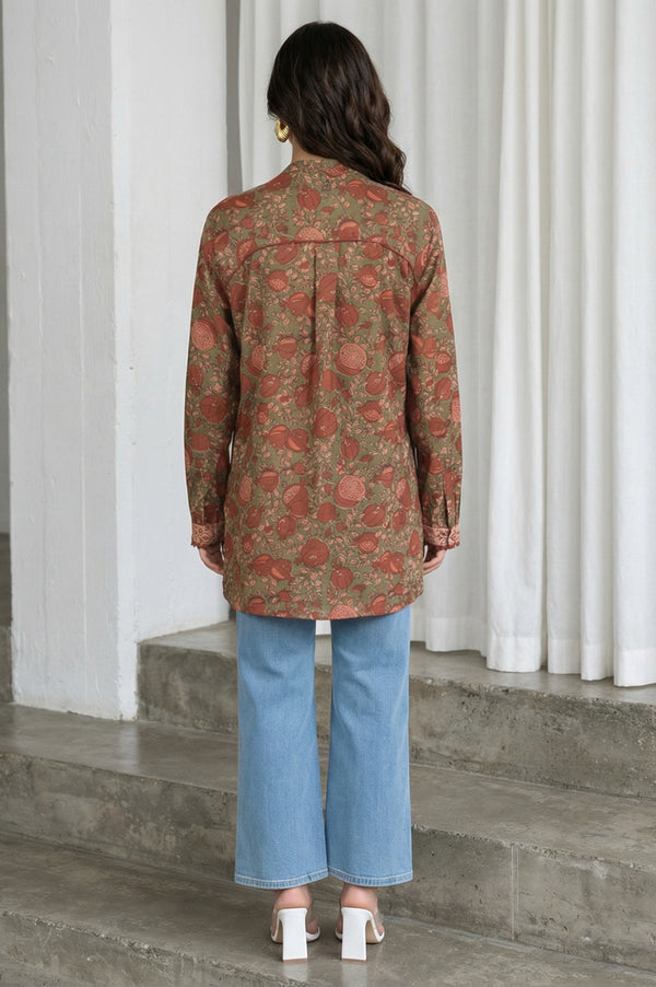 Olive Floral Printed Pure Cotton Straight Top