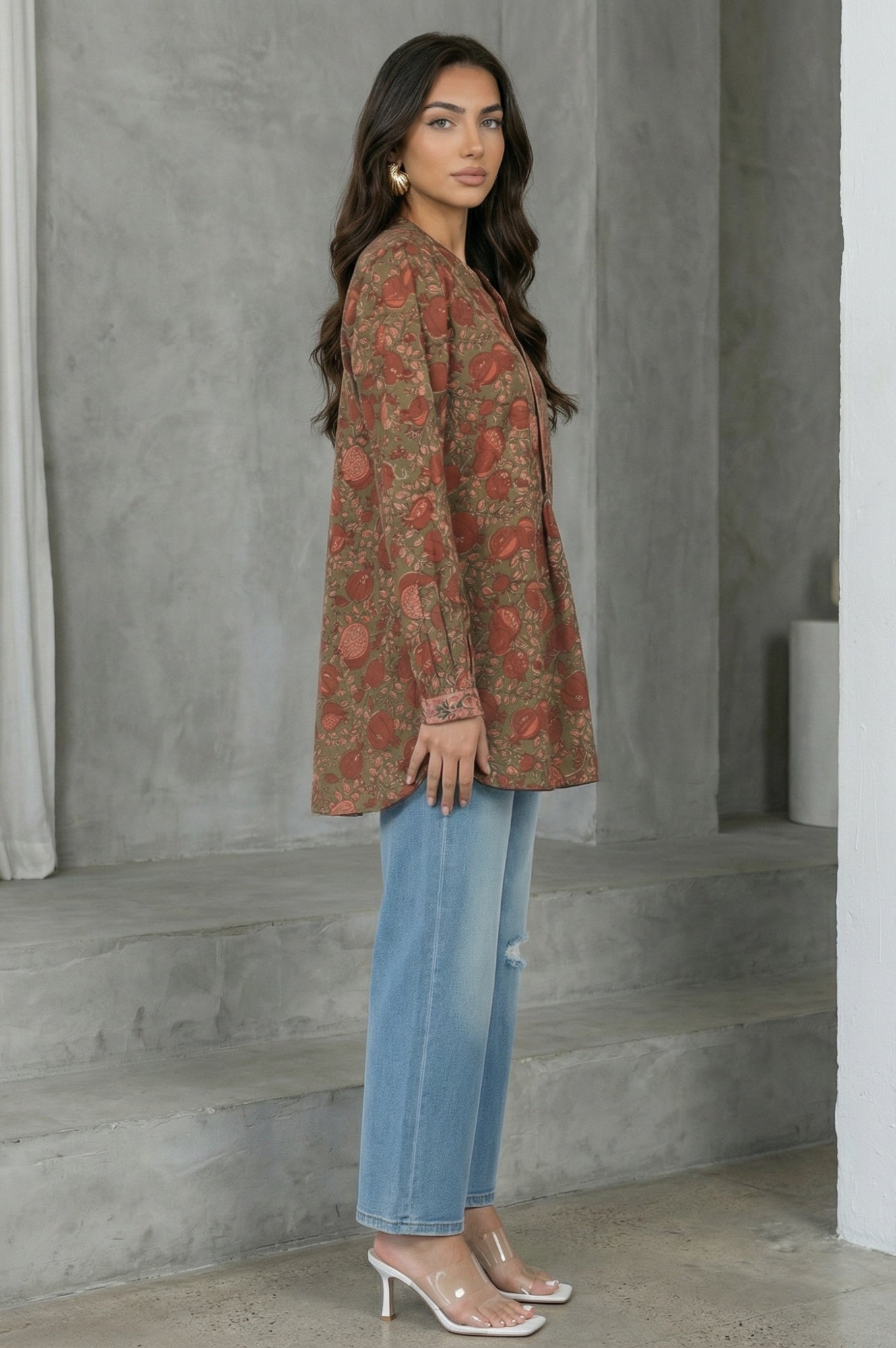 Olive Floral Printed Pure Cotton Straight Top