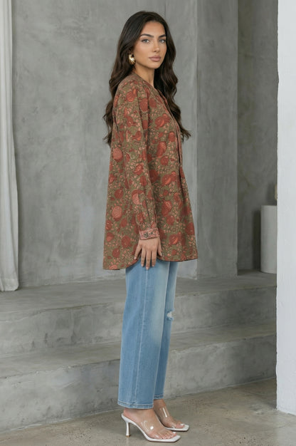 Olive Floral Printed Pure Cotton Straight Top