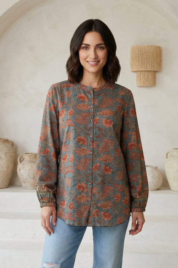 Blue Floral Printed Pure Cotton Straight Top