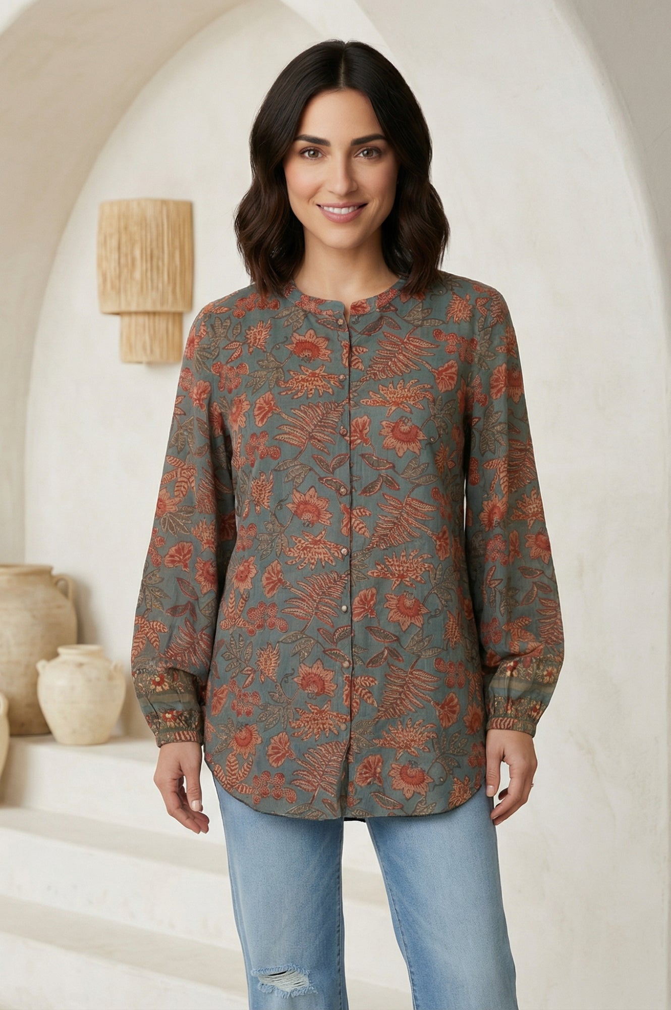 Blue Floral Printed Pure Cotton Straight Top