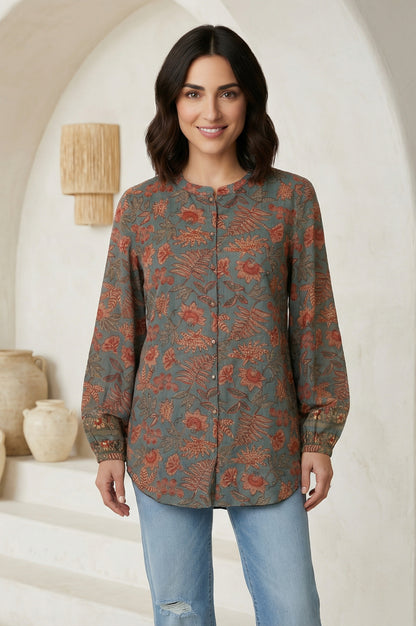 Blue Floral Printed Pure Cotton Straight Top