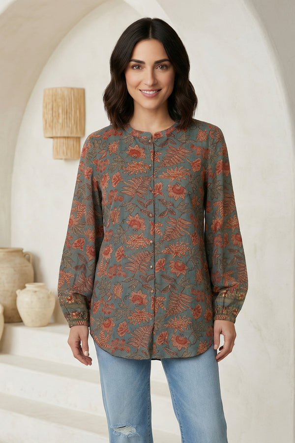 Blue Floral Printed Pure Cotton Straight Top