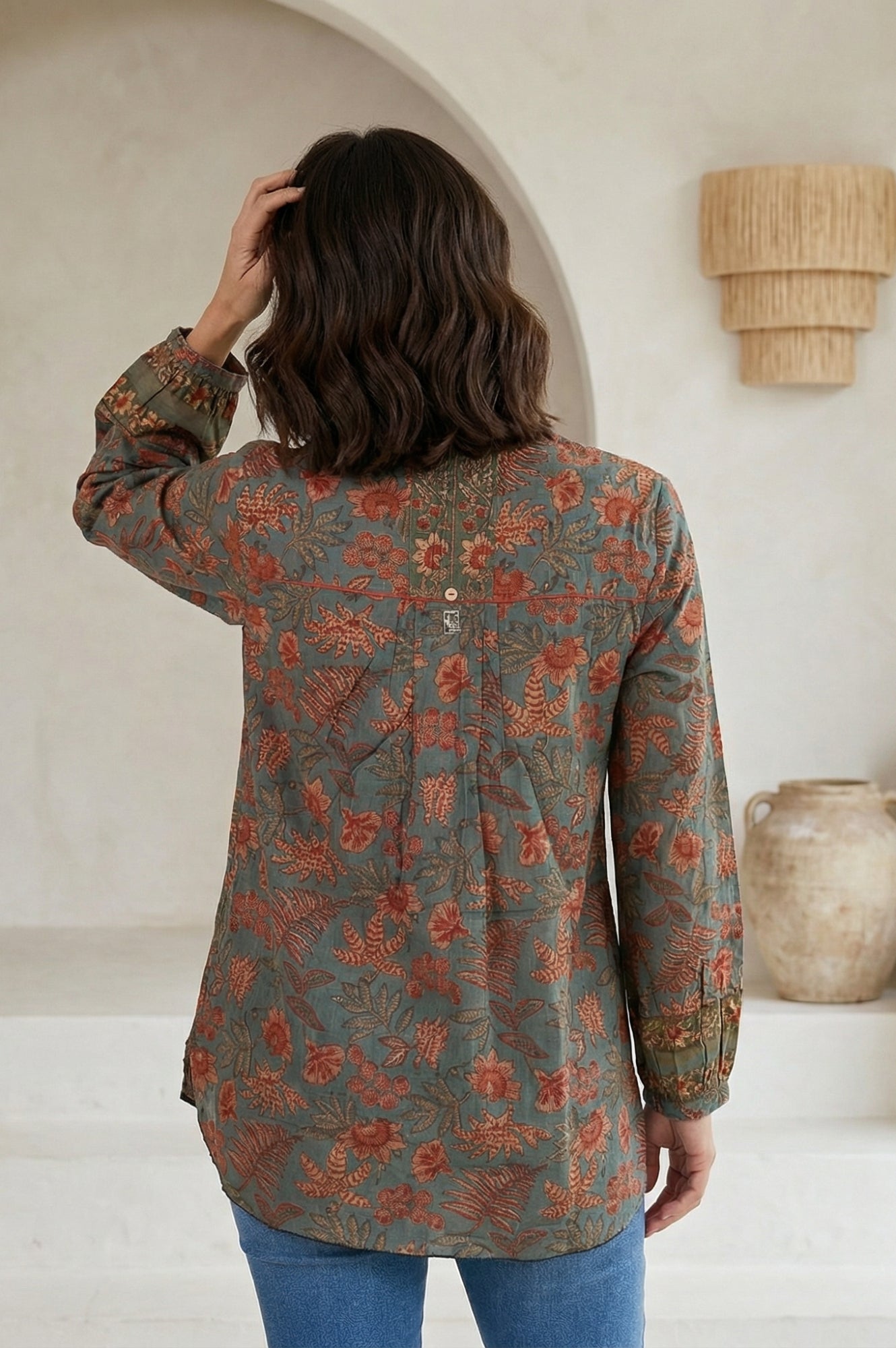 Blue Floral Printed Pure Cotton Straight Top