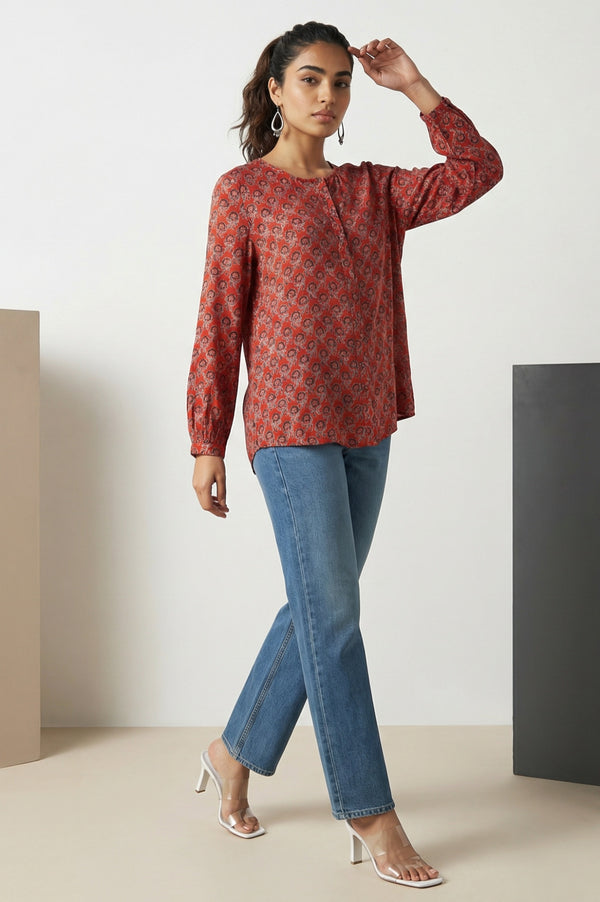 Red Block Floral Printed Satin Straight Top