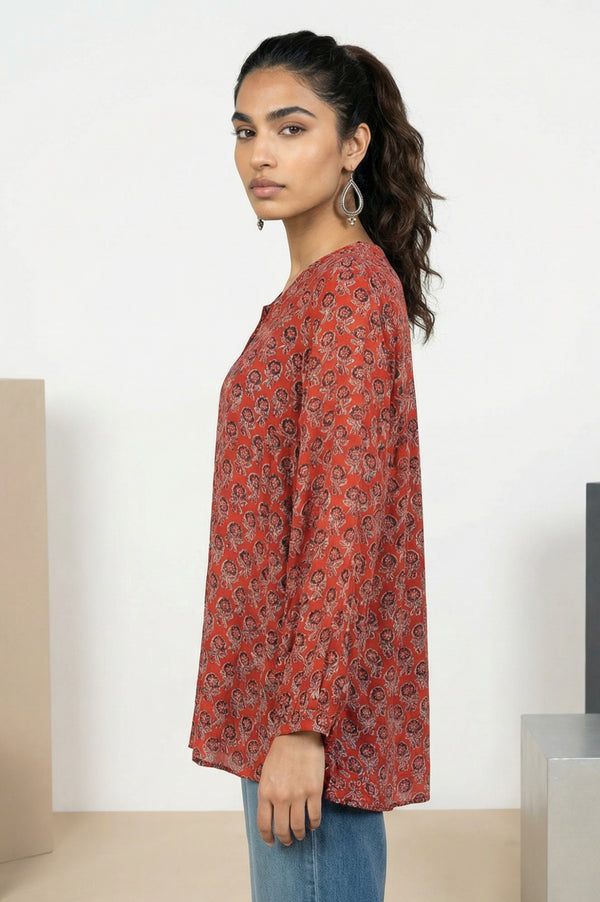 Red Block Floral Printed Satin Straight Top