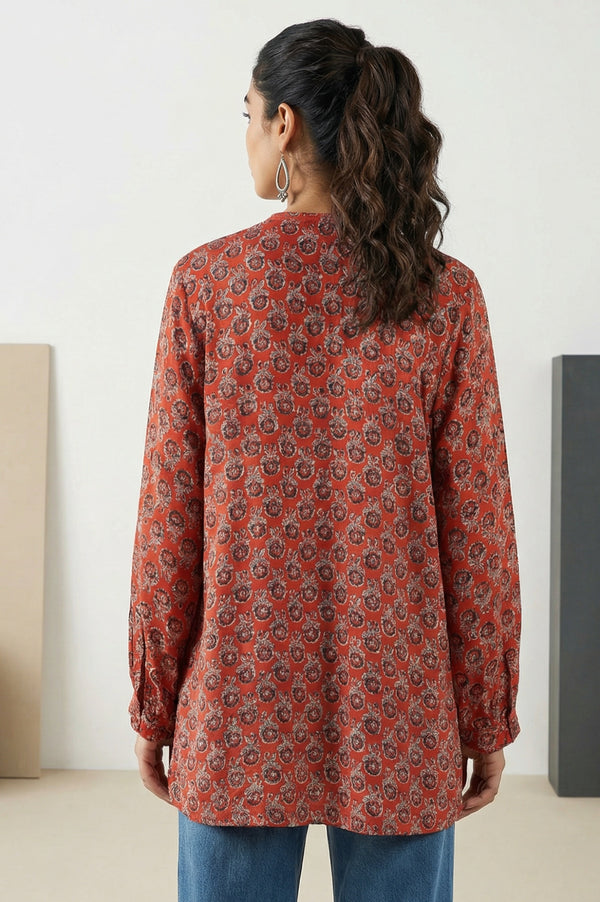 Red Block Floral Printed Satin Straight Top