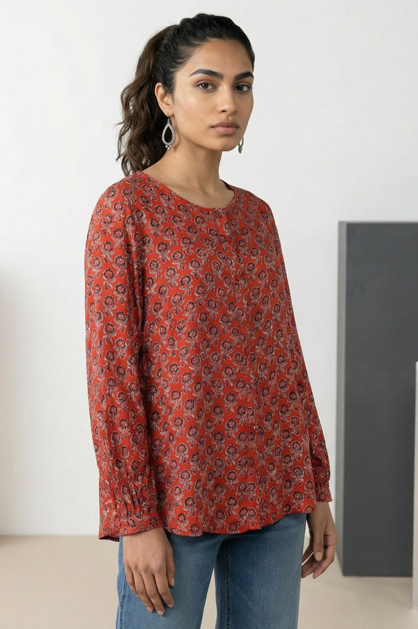 Red Block Floral Printed Satin Straight Top