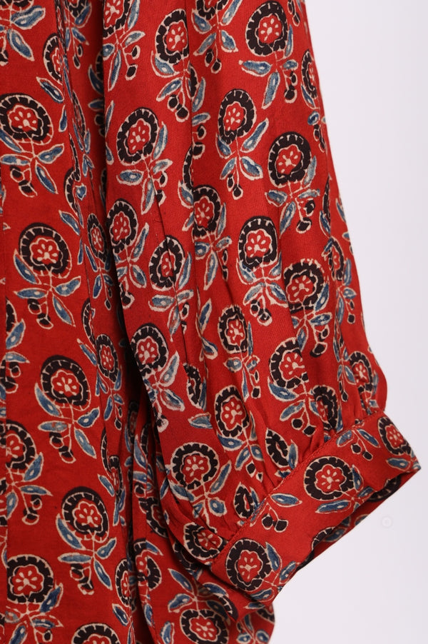 Red Block Floral Printed Satin Straight Top