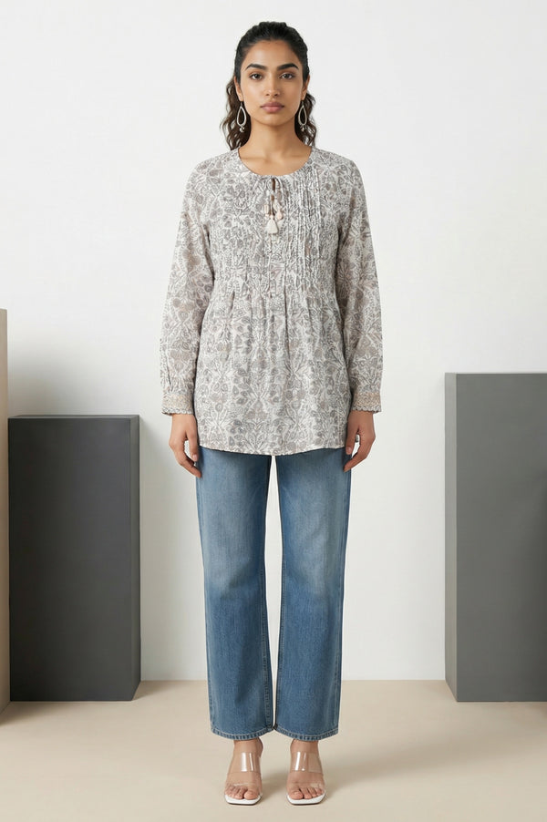 Off White Block Floral Printed Pure Cotton Flared Top