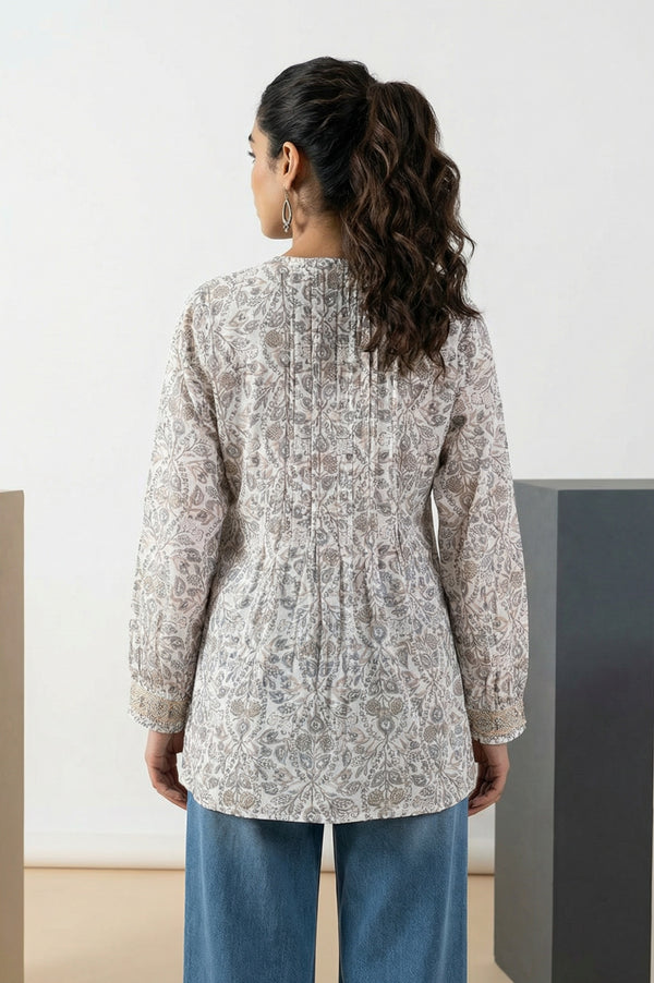 Off White Block Floral Printed Pure Cotton Flared Top