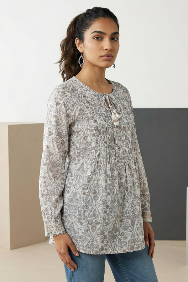 Off White Block Floral Printed Pure Cotton Flared Top