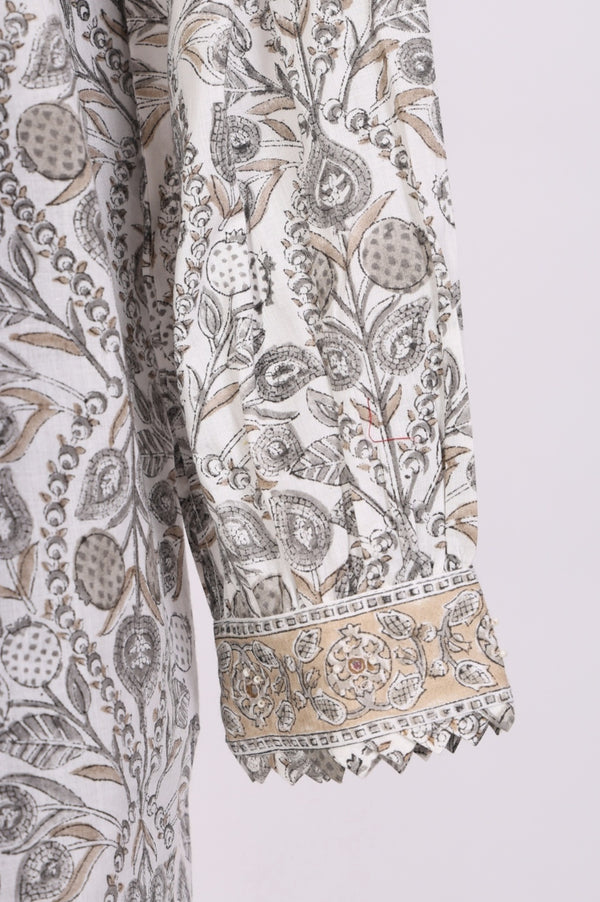 Off White Block Floral Printed Pure Cotton Flared Top