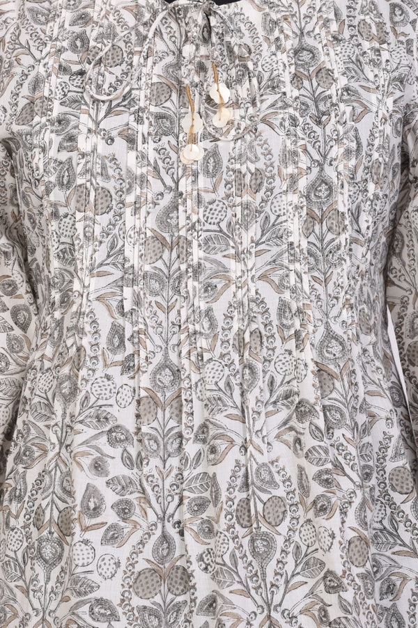 Off White Block Floral Printed Pure Cotton Flared Top