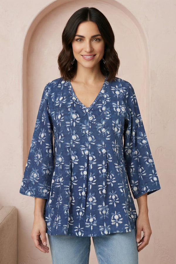 Blue Floral Block Printed Pure Cotton A-line Top