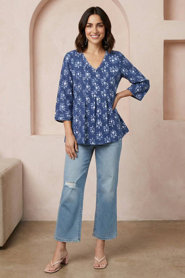 Blue Floral Block Printed Pure Cotton A-line Top