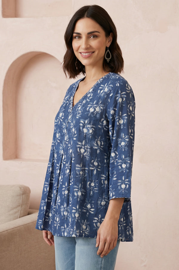 Blue Floral Block Printed Pure Cotton A-line Top