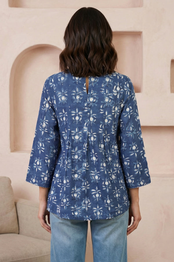 Blue Floral Block Printed Pure Cotton A-line Top