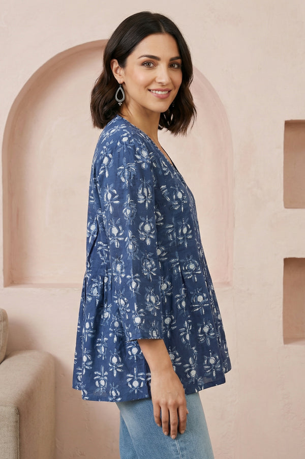 Blue Floral Block Printed Pure Cotton A-line Top