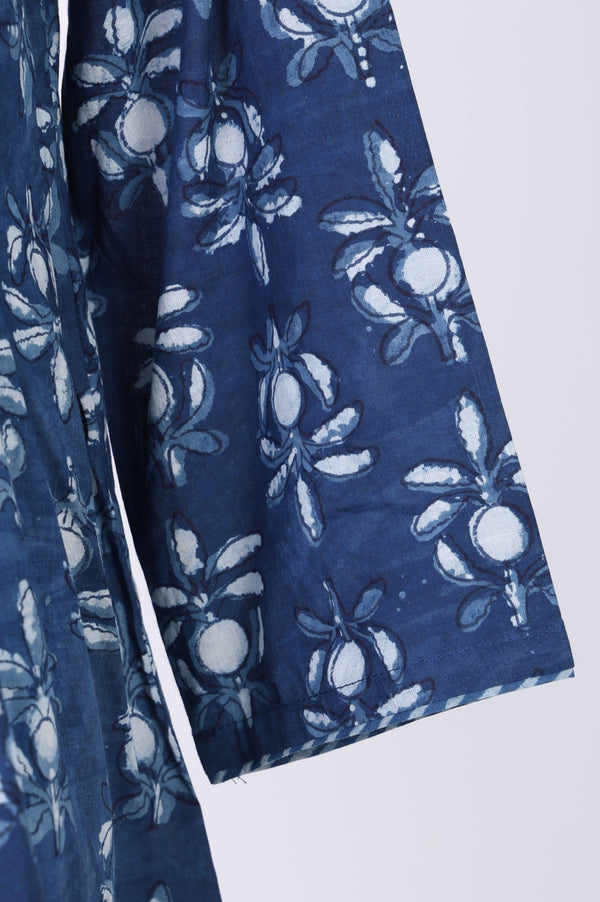 Blue Floral Block Printed Pure Cotton A-line Top