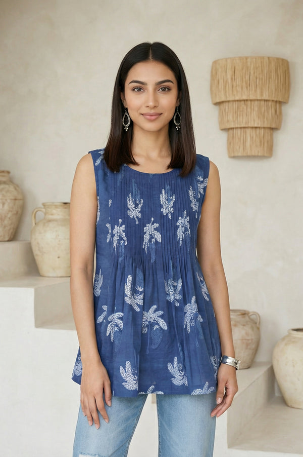 Blue Floral Printed Pure Cotton Flared Top