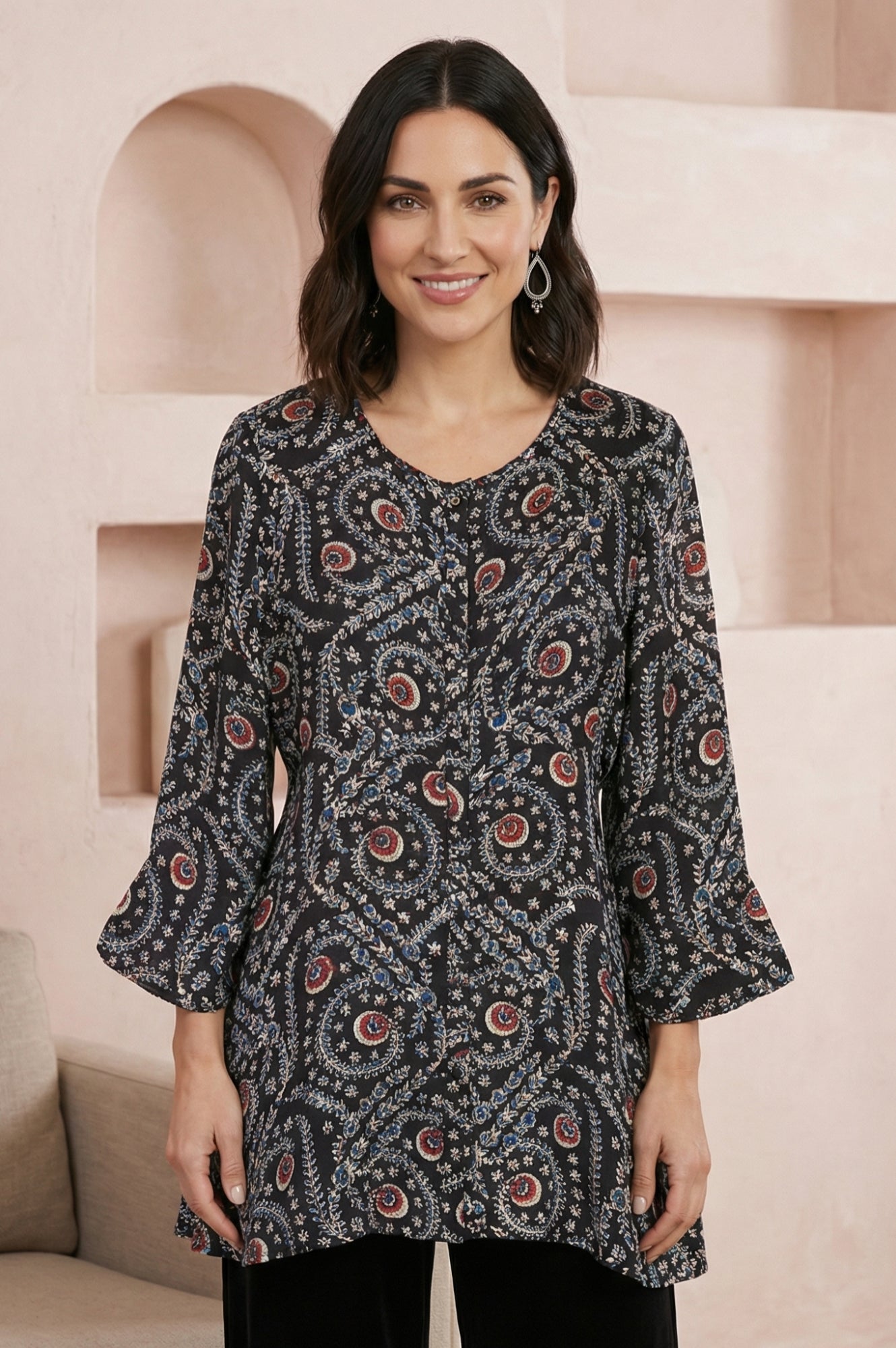 Black Ajrak Printed Satin A-line Top