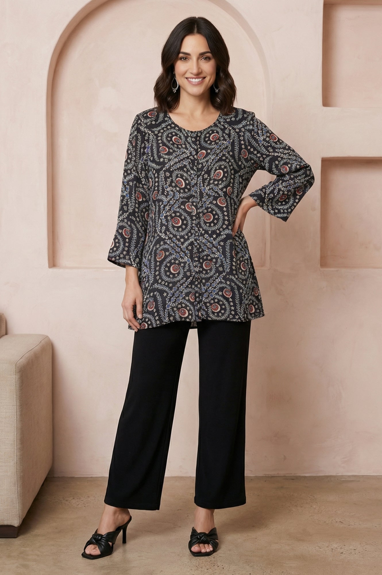Black Ajrak Printed Satin A-line Top