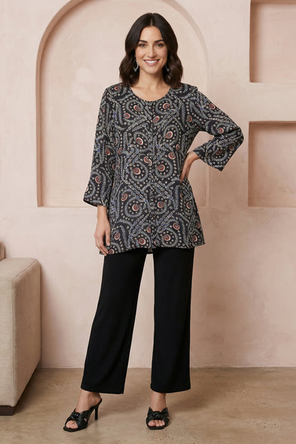 Black Ajrak Printed Satin A-line Top