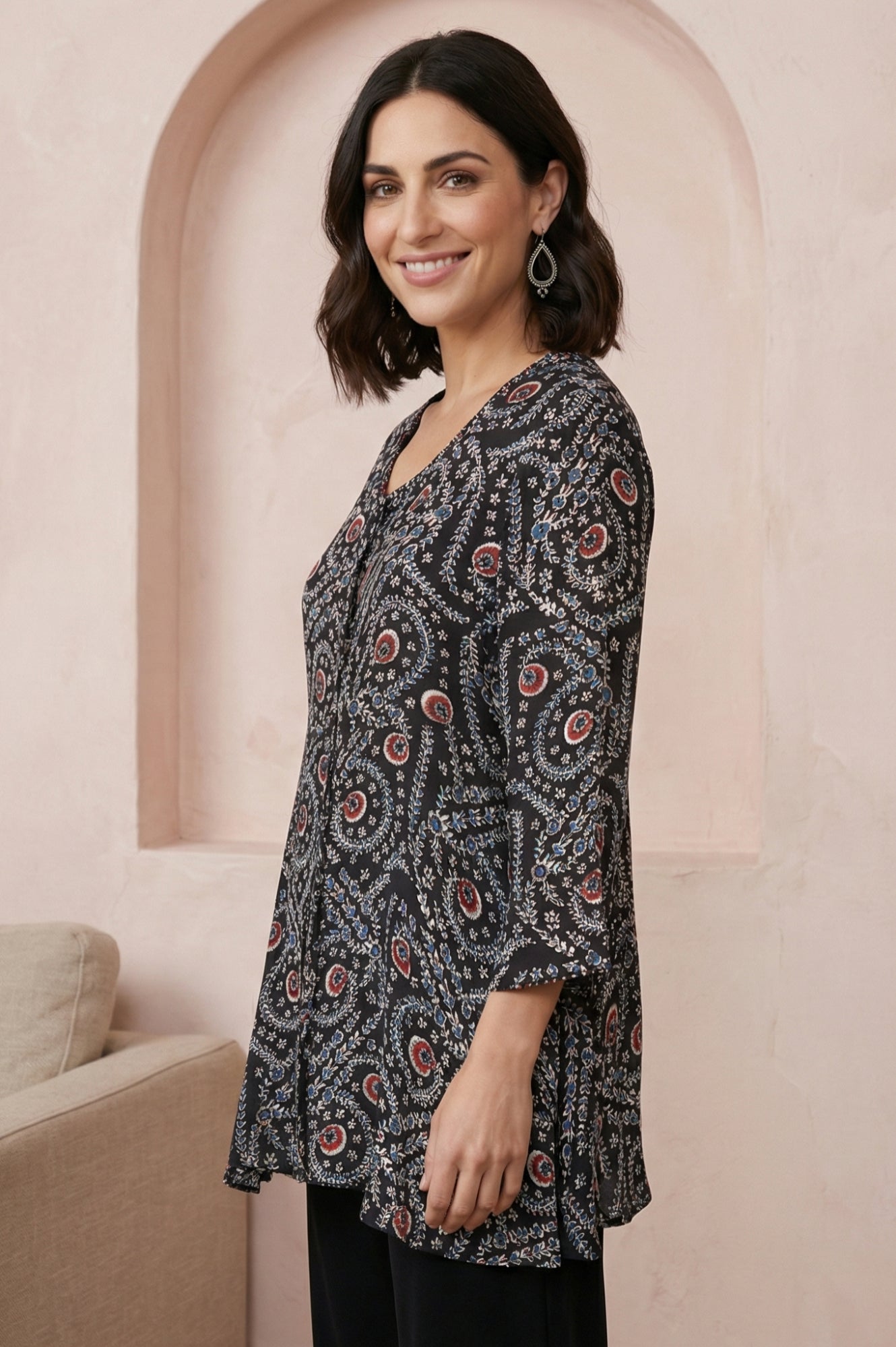 Black Ajrak Printed Satin A-line Top