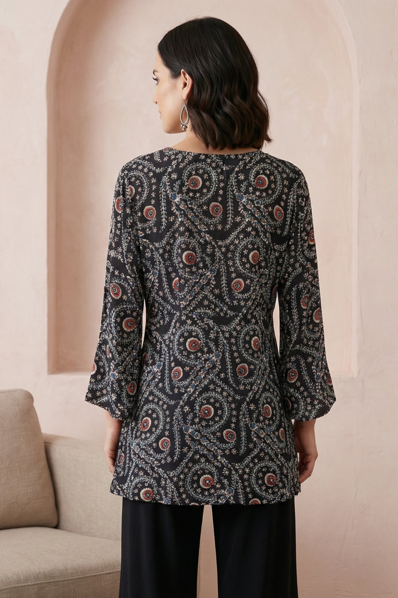 Black Ajrak Printed Satin A-line Top