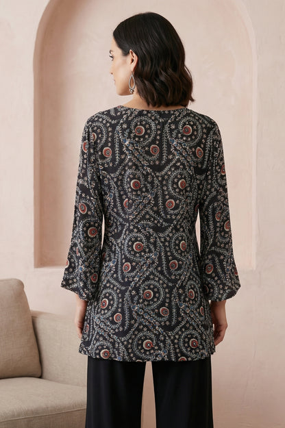 Black Ajrak Printed Satin A-line Top