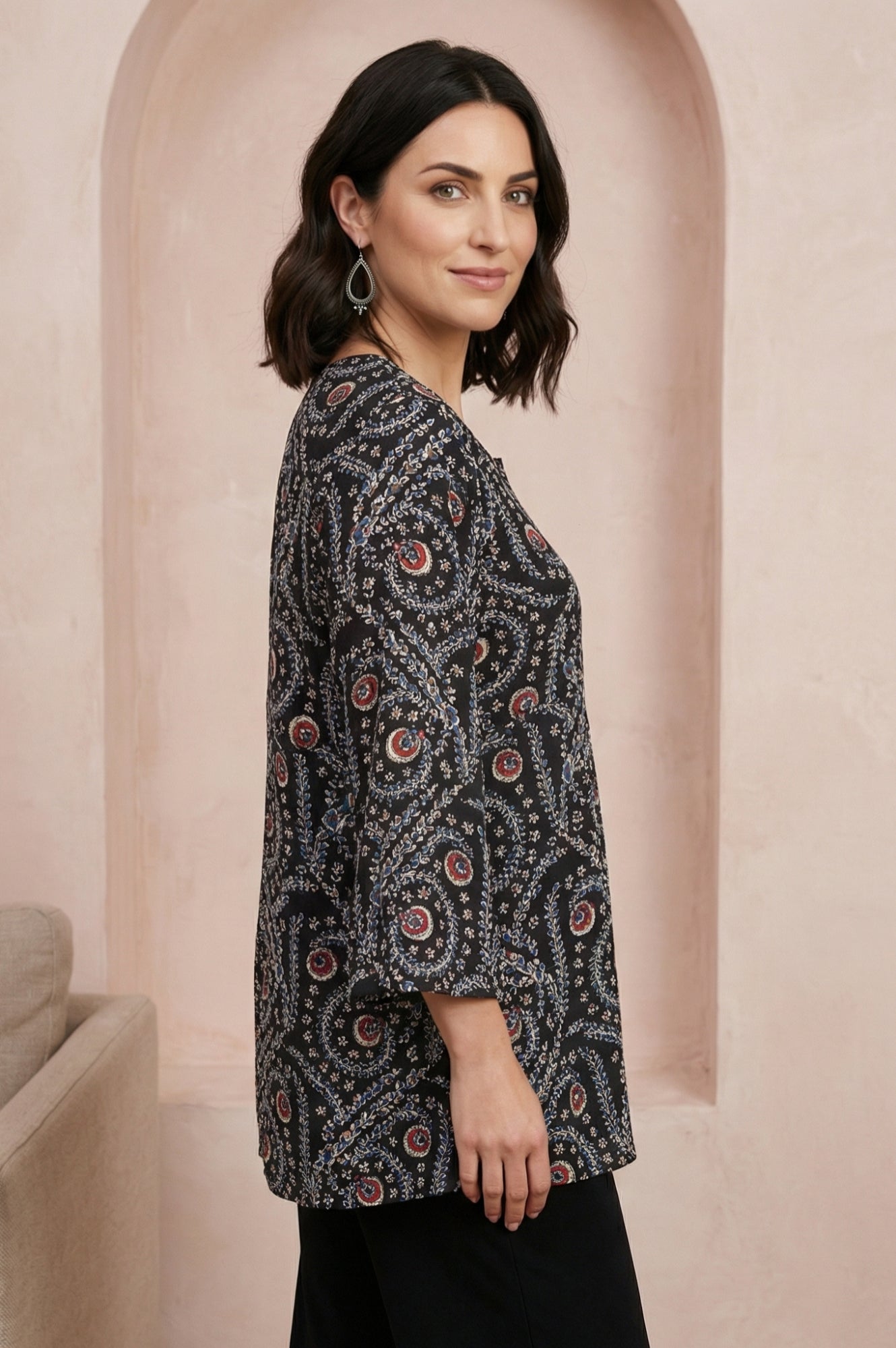 Black Ajrak Printed Satin A-line Top