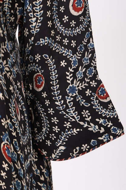 Black Ajrak Printed Satin A-line Top